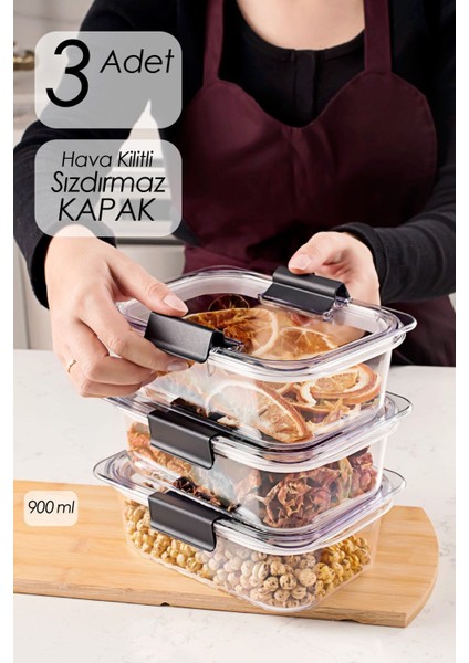 ORG-130 3'lü Kristal Hava Aldırmaz Saklama Kabı-Meyve & Sebze Saklama Kabı Seti 900ML*3