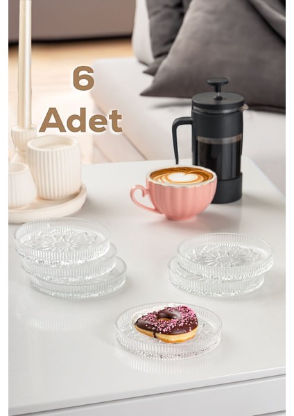 Elusia Desenli Dik Tabak - 6 Lı Cam Sunumluk Pasta Kurabiye Kek Ikram Servis Tabağı-12 cm