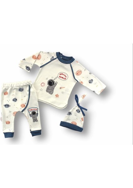 3-6 6-9 9-12 Ay Şirin Kozmonot Nakışlı Şapkalı Uzun Kollu Sweatli 3lü Kız-Erkek Bebek Takımı Ekru