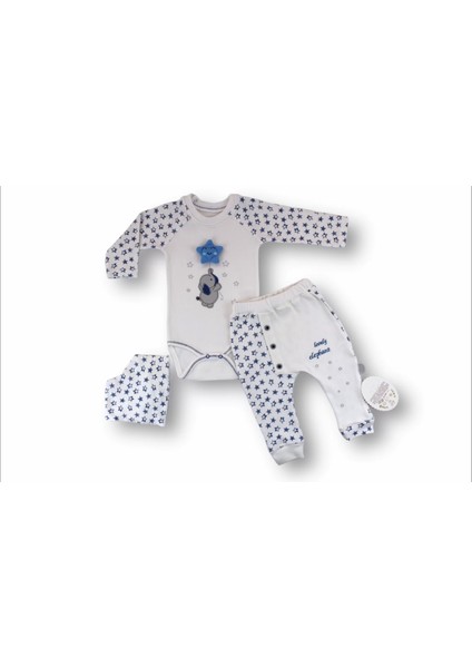 3-6 6-9 9-12 Ay Kutup Yıldızı Nakışlı Bandajlı Uzun Kollu Zıbınlı 3lü Erkek Bebek Takımı Ekru