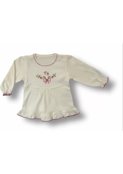 3-6 6-9 9-12 Ay Tb Çiçek Nakışlı Şapkalı Uzun Kollu Sweatli 3lü Kız Bebek Takımı Ekru