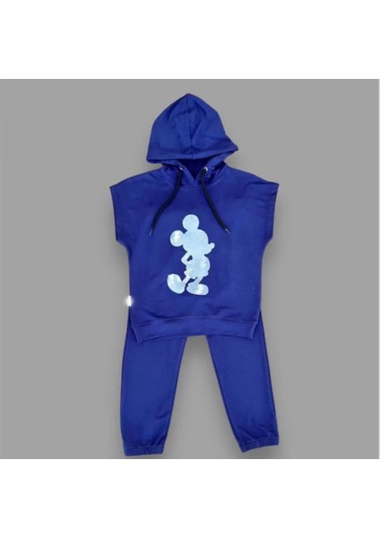 3-4-5 Yaş Kapşonlu Payetli Mickey Desenli Kısa Kol 2li Kız Erkek Çocuk Takımı Lacivert fiyatları