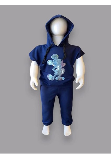3-4-5 Yaş Kapşonlu Payetli Mickey Desenli Kısa Kol 2li Kız Erkek Çocuk Takımı Lacivert modelleri