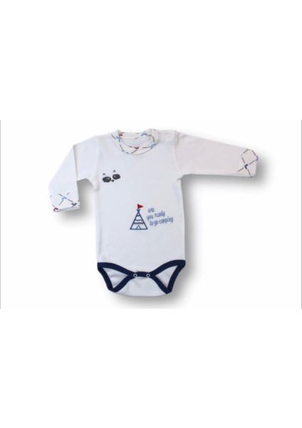 3-6 6-9 9-12 Ay My Camping Nakışlı Bandajlı Uzun Kollu Zıbınlı 3lü Erkek Bebek Takımı Ekru fiyatları