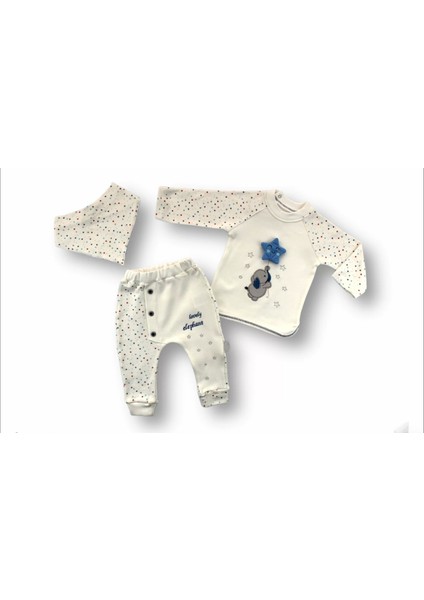 3-6 6-9 9-12 Ay Kutup Yıldızı Nakışlı Bandajlı Uzun Kollu Sweat 3lü Erkek Bebek Takımı Ekru