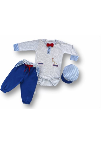 3-6 6-9 9-12 Ay Cep Saat Nakışlı Şapkalı Uzun Kollu Zıbınlı 3lü Erkek Bebek Takımı Mavi