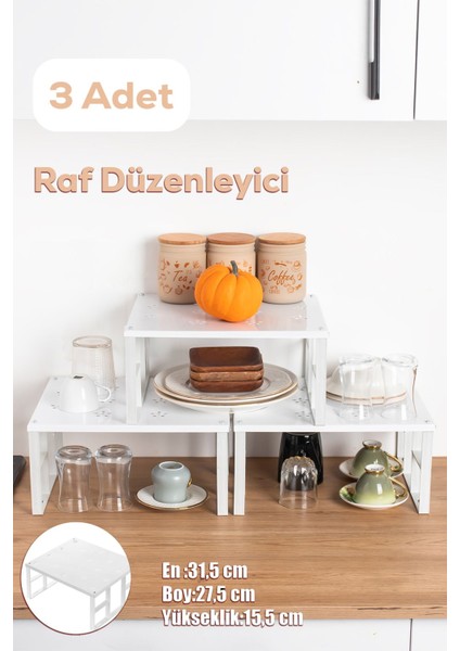 Org-01 - 3lü Raf Düzenleyici - Dolap Içi Düzenleyici Raf - Tabak Bardak Rafı Organizers