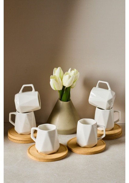 Muna Bambu Tabaklı 12 Parça Türk Kahvesi Porselen Fincan Takımı