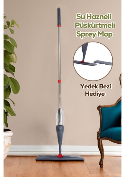 13279 Deterjan Hazneli 360 Derece Dönebilen Sprey Mop Yedek Bezli Temizlik Yer Paspası - Antrasit