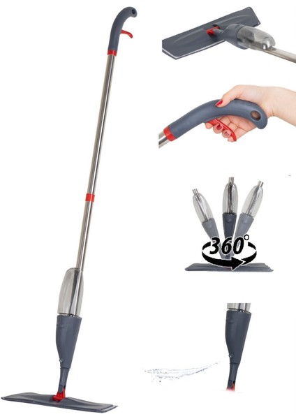 13279 Deterjan Hazneli 360 Derece Dönebilen Sprey Mop Yedek Bezli Temizlik Yer Paspası - Antrasit fiyatları
