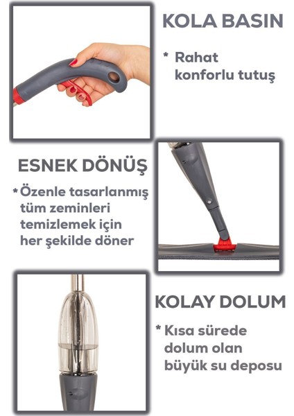 13279 Deterjan Hazneli 360 Derece Dönebilen Sprey Mop Yedek Bezli Temizlik Yer Paspası - Antrasit fırsatları