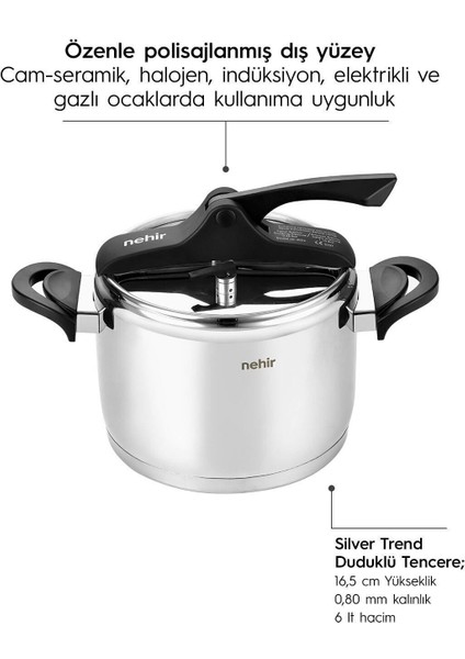 Silver Trend Paslanmaz Çelik 6 Litre Düdüklü Tencere