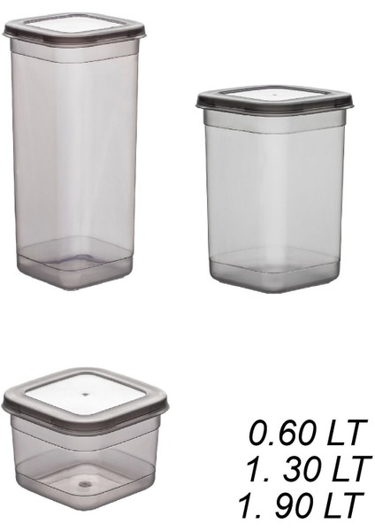 433-GR-6 18 Li Kare Etiketli Gıda Erzak Baharat Saklama Kabı Seti 6x(0.60+1.30+1.90) Lt Gri