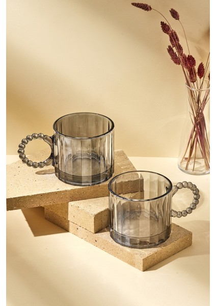 Ringo Line Color Füme 2'li 325 ml Cam Kupa Boncuklu Kulp Mug