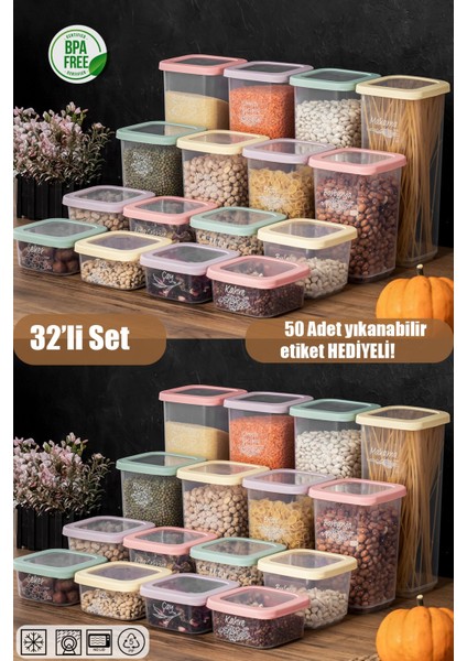 1034 Rainbow 32'lı Etiketli Renkli Kapaklı Gıda Kavanoz Saklama Kabı Seti Erzak Kabı Organizer