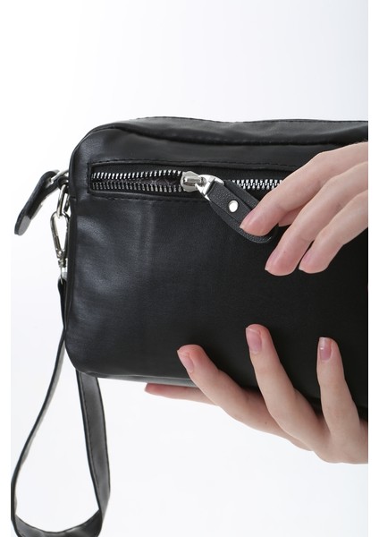Siyah Minik Unisex 3 Gözlü Deri Çanta