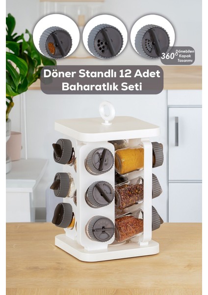 1081 Kare Dönerli Standlı Döner Kapaklı 12'li Cam Baharatlık Seti-Beyaz Antrasit