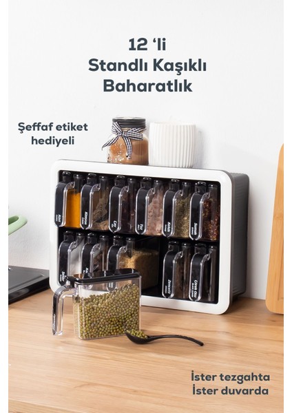 1041 Standlı 12 Li Kendinden Yapışkanlı Kaşıklı Kapaklı Baharatlık Takımı-Etiketli Baharatlık-Siyah
