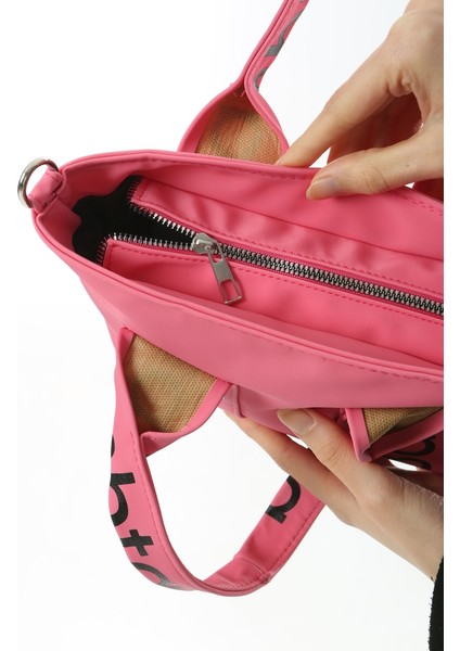 Pembe Mini Su Geçirmez Kulp Yazılı Tote Çanta