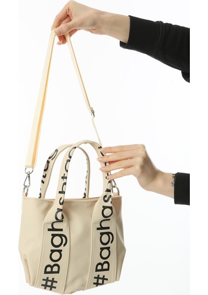 Krem Mini Su Geçirmez Kulp Yazılı Tote Çanta