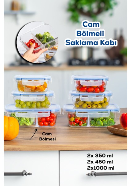 Por Kilitli Sızdırmaz Kapaklı Çok Amaçlı Cam 6lı Erzak Yiyecek Saklama Kabı Seti - 1000-450-350ML