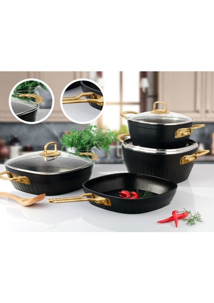 Defne 7 Parça Altın Metal Kulplu Indüksiyon Taban Kare Granit Tencere Seti