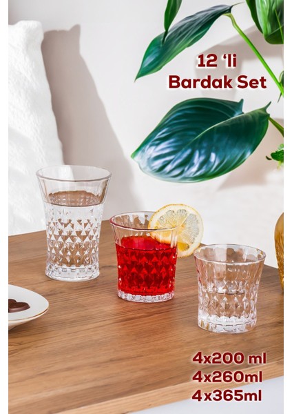 TE-234 12'li Cam Bardak Seti - Su Kahve Meşrubat Bardağı - Su Bardak Takımı Seti 200 - 260 - 365 ml