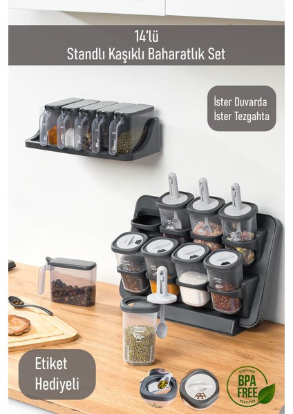 8li ve 6lı Etiketli Kendinden Yapışkanlı Tezgah Üstü Kaşıklı Standlı Döner Kapaklı Baharatlık Seti