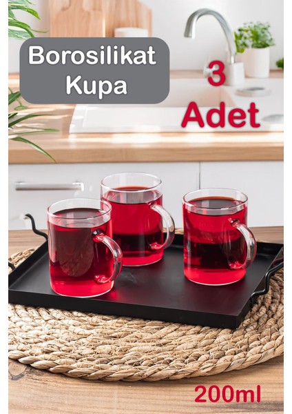 6080 3lü Borosilikat Isıya Ateşe Dayanıklı Cam Kulplu Çay Bardağı Kahve Bardak Kupa Seti 200 ml