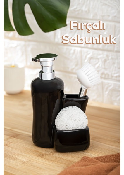 268669 Tezgah Üstü Siyah Sıvı Sabunluk Fırçalı Süngerli Sabunluk (550ML) 20CM