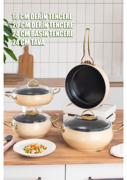 L-5094-1 Yonca Güveç 7 Parça Küre Tencere Seti - Krem Altın Kulp