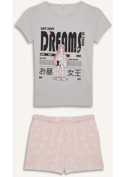 Kız Çocuk Pijama Takımı Baskılı Kısa Kollu Üst Desenli Şort E0545A825HS