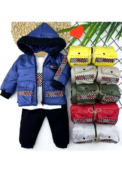 9-12-18-24 Ay Kapşonlu Fermuarlı Mont Pantolon Uzun Kollu Sweatli 3lü Kız Erkek Bebek Takımı Sarı