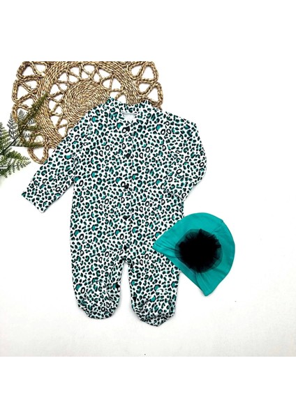 0-3-6-9 Ay Leopar Baskılı Tam Boy Çıtçıtlı Patikli Güllü Boneli Kız Bebek Tulumu Turkuaz