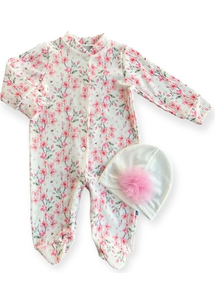 0-3-6-9 Ay Çiçek Baskılı Tam Boy Çıtçıtlı Patikli Güllü Boneli Kız Bebek Tulumu Ekru