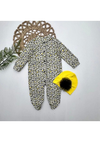 0-3-6-9 Ay Leopar Baskılı Tam Boy Çıtçıtlı Patikli Güllü Boneli Kız Bebek Tulumu Sarı