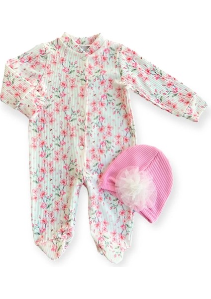 0-3-6-9 Ay Çiçek Baskılı Tam Boy Çıtçıtlı Patikli Güllü Boneli Kız Bebek Tulumu Pembe