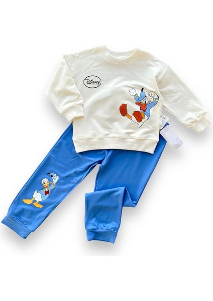 6-9-12-18 Ay Ördek Baskılı Pamuk Penye Kumaş Erkek Bebek Takımı Mavi