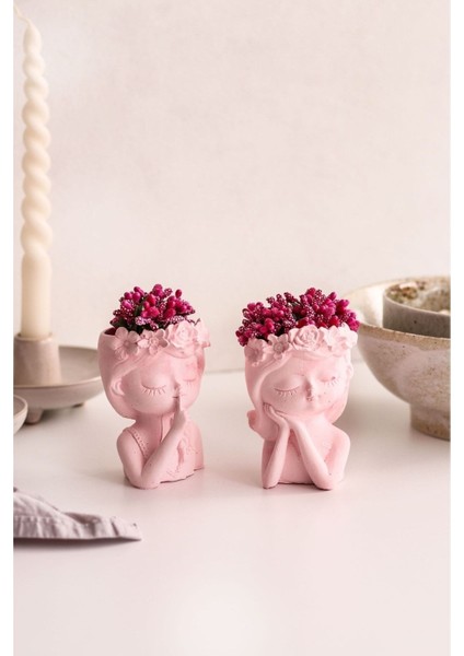 Pembe Ikili Çiçekli Kız Kardeşler Dekor Vazo (Çiçekler Dahildir)