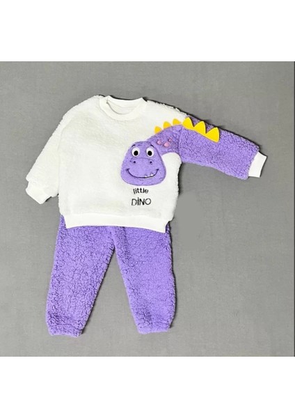 1-2-3 Yaş Minik Dino Kollu Kuzu Kumaş Sweat Pantolon Uzun Kollu Kız Erkek 2 Li Takımı Lila