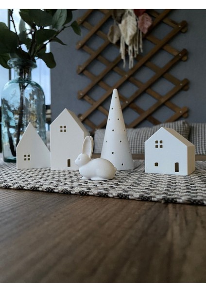 Kış Evleri 4 Parça Tealight Mumluk Noel Evleri 3 Ev 1 Çam Ağacı Dekoratif Ev Biblo Yılbaşı Süsleri