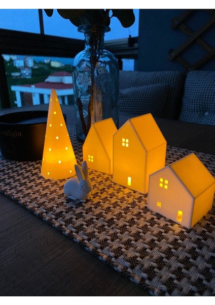Kış Evleri 4 Parça Tealight Mumluk Noel Evleri 3 Ev 1 Çam Ağacı Dekoratif Ev Biblo Yılbaşı Süsleri