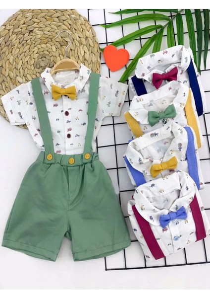 9-12-18-24 Ay Pamuk Keten Cepli Çizgili 2li Erkek Bebek Salopet Takımı Sarı