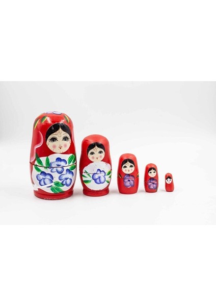 Ahşap 5li Iç Içe Geçmiş Matruşka Bebek Kırmızı