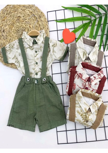 9-12-18-24 Ay Pamuklu Kumaş Keten Kısa Kol Gömlek 2li Erkek Bebek Salopet Takımı Kahverengi