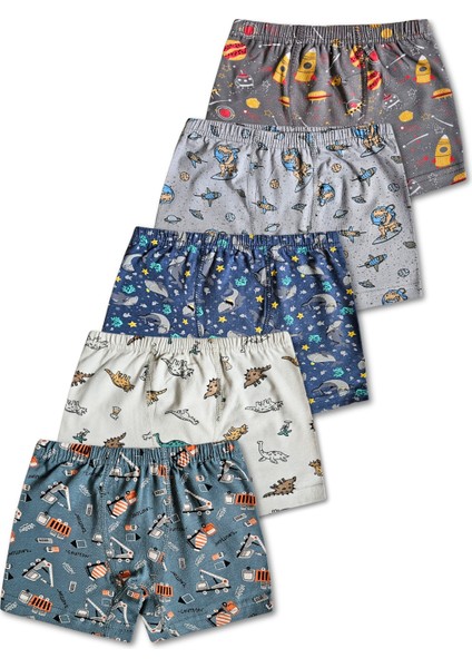%95 Pamuklu Erkek Çocuk Likralı Penye Boxer Külot Iç Çamaşır 5li Set