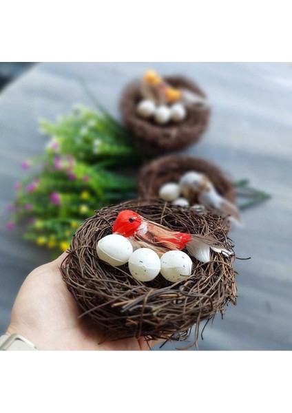 Kuş Yuvası Kırmızı Kuş 3 Yumurta 15 cm , Yapay Kuş