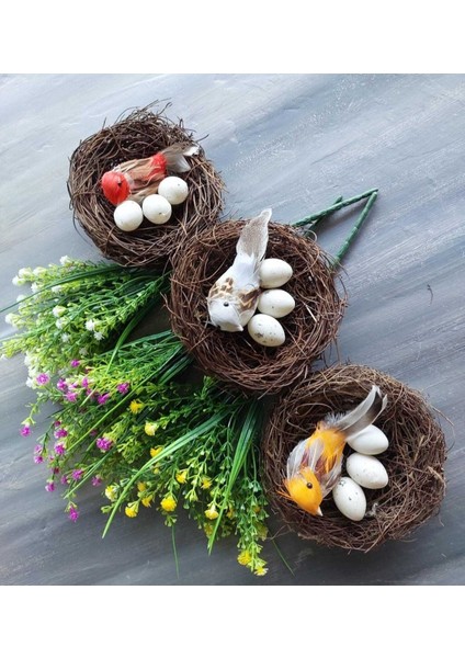 Kuş Yuvası Kırmızı Kuş 3 Yumurta 15 cm , Yapay Kuş