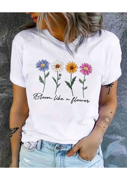 Flower Baskılı Özel Tasarım Oversize Tshirt