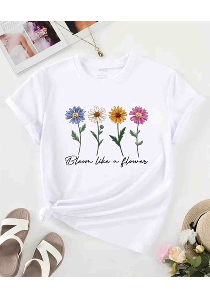 Flower Baskılı Özel Tasarım Oversize Tshirt